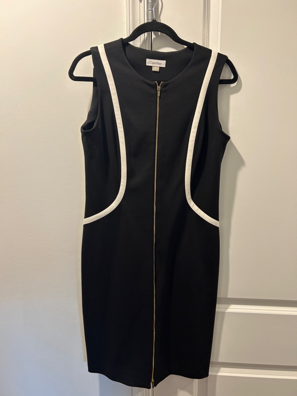 Calvin Klein Black Midi Dress with White Piping and Gold Center Zipper